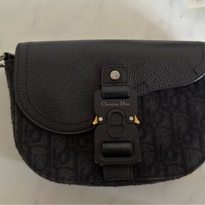 Dior Black Leather & Jacquard Crossbody Bag with Signature Buckle